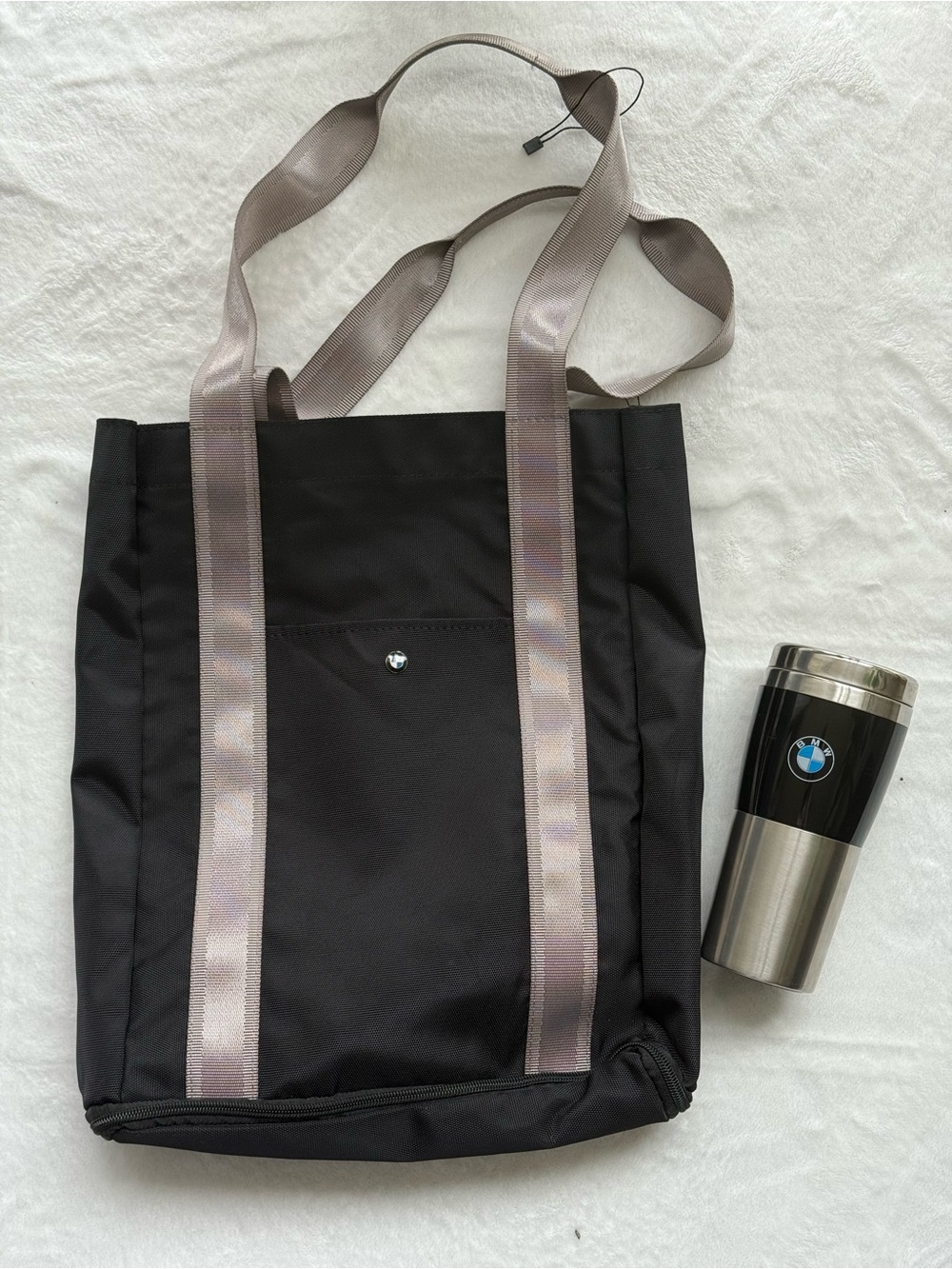 BMW Black Tote with Taupe Shoulder Straps and Exterior Pocket